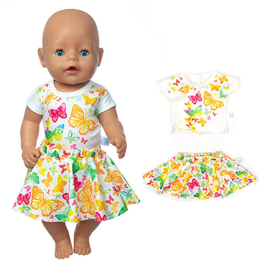 16-18Inch/40-45cm Doll Dress Born Baby Clothes Cute Butterfly Print Babydoll Clothing Kids Birthday Gifts 