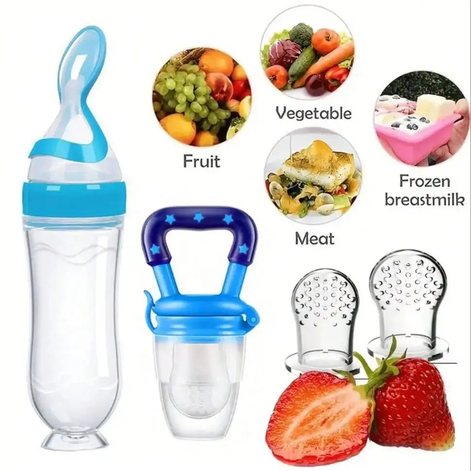 4pcs Baby Feeding Set, Baby Bottle with Suction Base Rice Cereal Bottle, Vegetable & Fruit Feeder, Two Mesh Bags (S L)