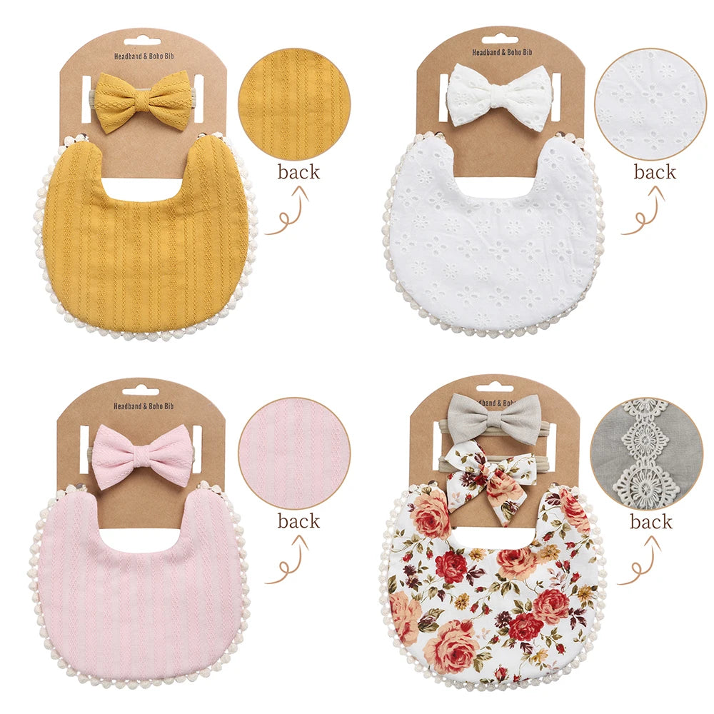 4Sets/Lot Infant Burp Clothes Hair Bow Tie Headband Cotton Baby Boy Girl Bibs Kids Floral Saliva Towel Feeding Double-deck Scarf