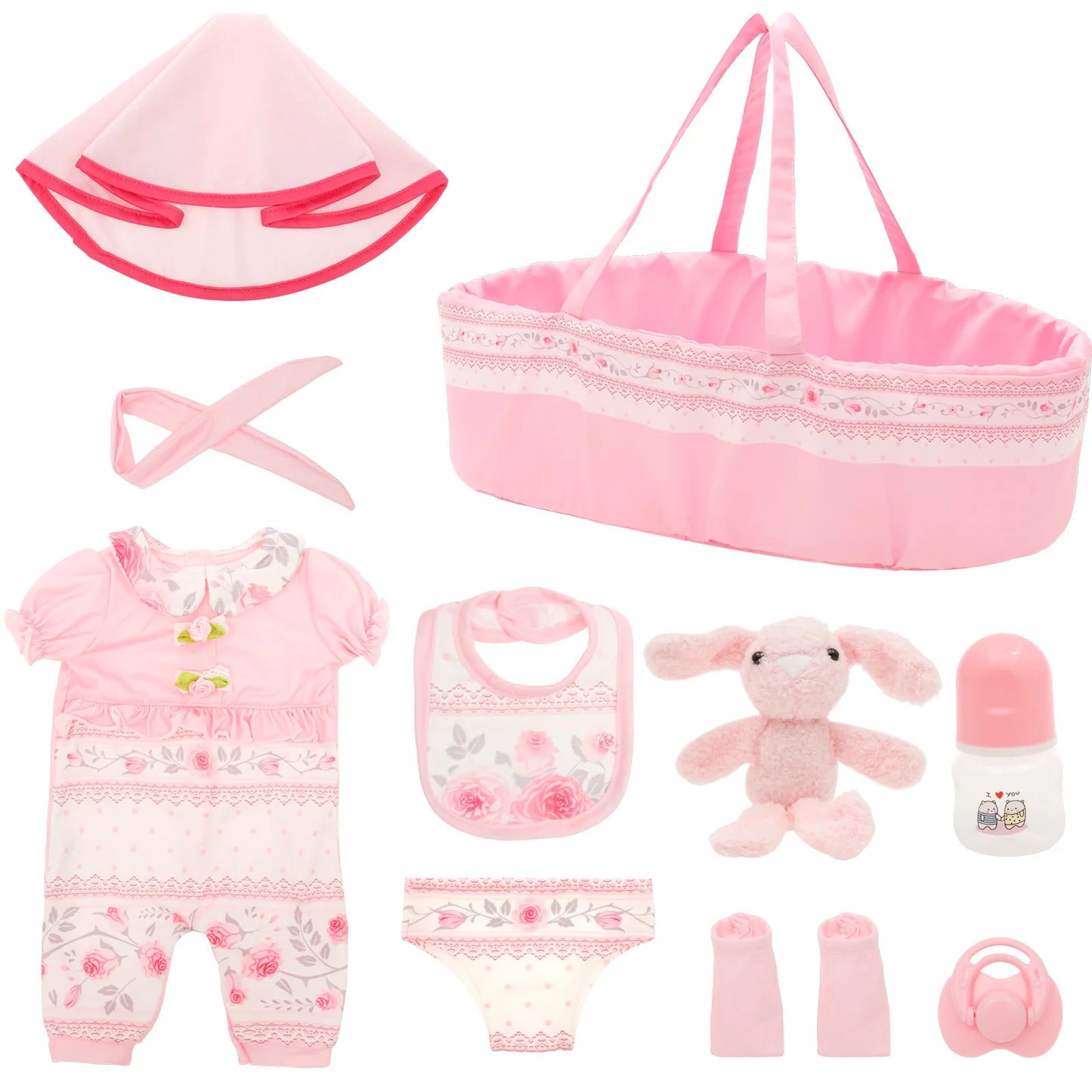 10Pcs Doll Clothes Set Portable Baby Doll Accessories with Bassinet Diaper Pacifier Feeding Bottle for Children Toddler Girl Boy