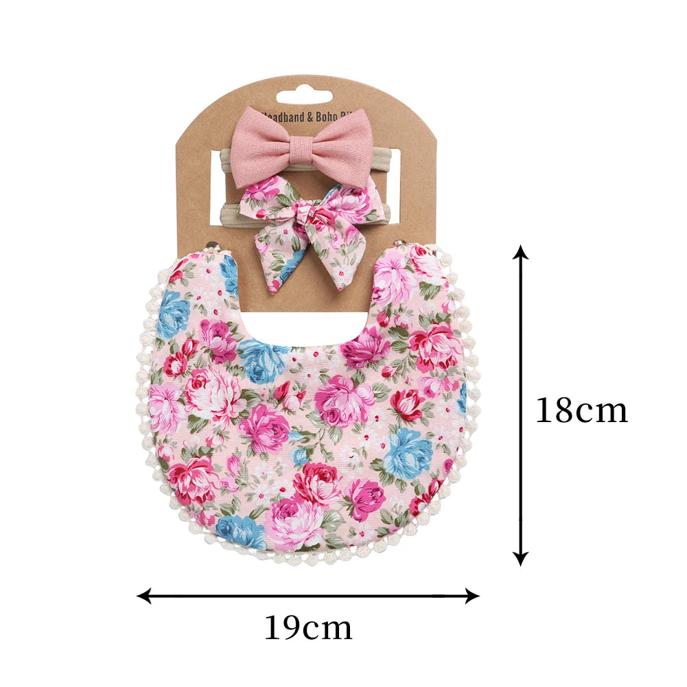 4Sets/Lot Infant Burp Clothes Hair Bow Tie Headband Cotton Baby Boy Girl Bibs Kids Floral Saliva Towel Feeding Double-deck Scarf