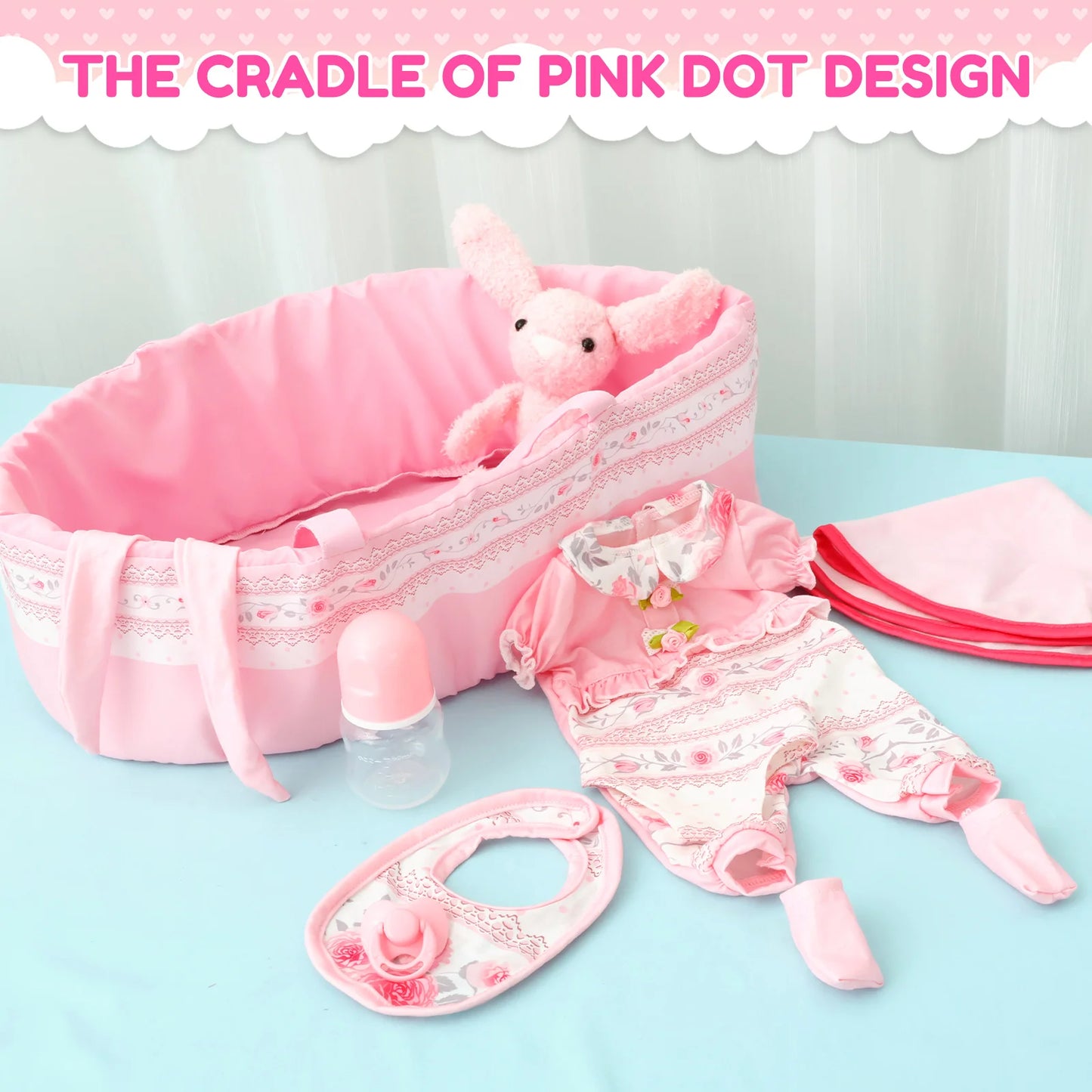 10Pcs Doll Clothes Set Portable Baby Doll Accessories with Bassinet Diaper Pacifier Feeding Bottle for Children Toddler Girl Boy