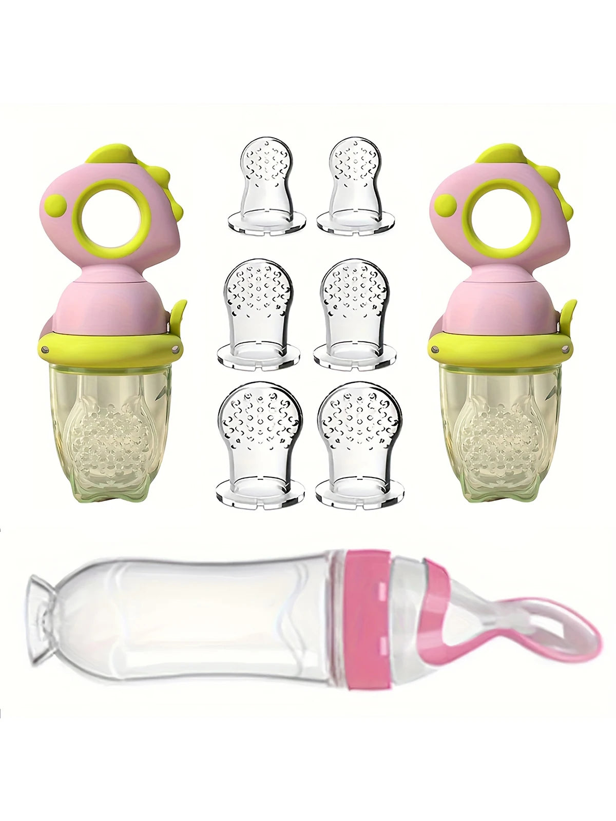 9pcs Baby Feeding Set: Includes Dinosaur Rotate Push-on Type Fruit Feeder Dispenser, Silicone Milk Bottle, Silicone Bags-S M L