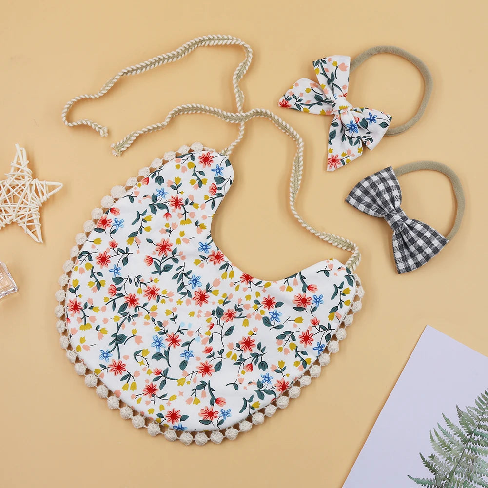 4Sets/Lot Infant Burp Clothes Hair Bow Tie Headband Cotton Baby Boy Girl Bibs Kids Floral Saliva Towel Feeding Double-deck Scarf