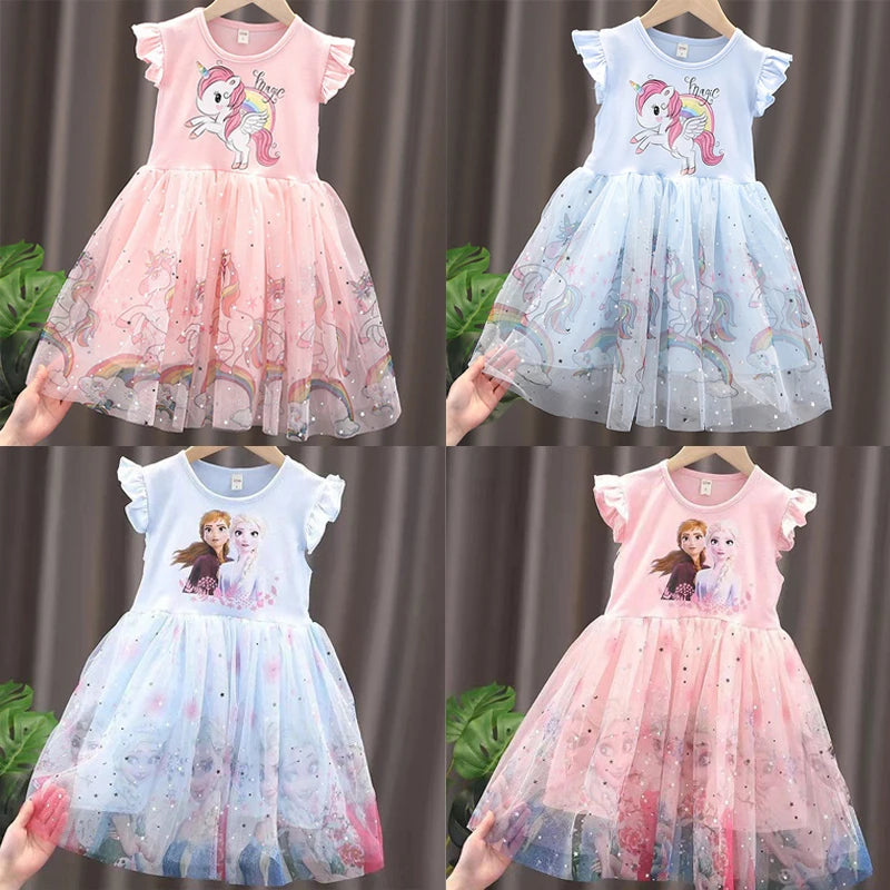 2024 New Unicorn Summer Princess Dresses Flying Sleeve Kids Dress Party Baby Dresses for Children Clothing 2-8Y Girls Clothes
