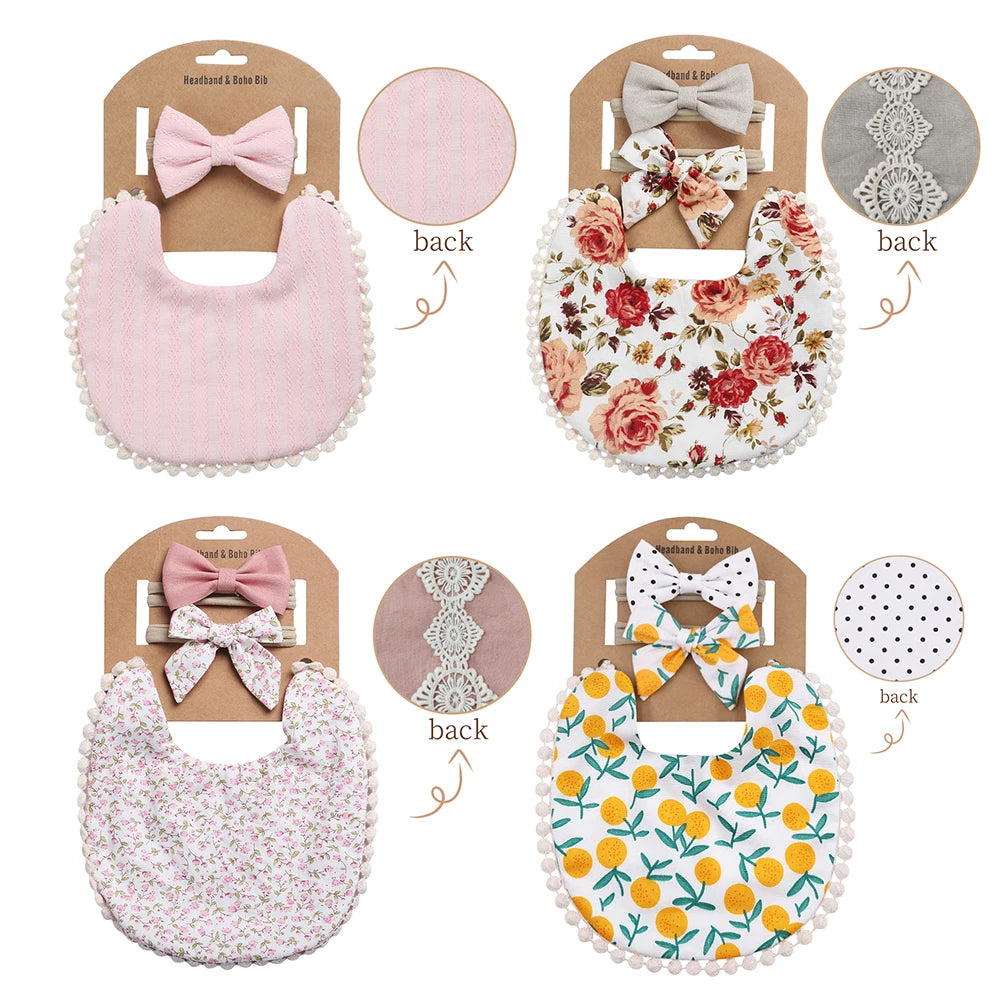 4Sets/Lot Infant Burp Clothes Hair Bow Tie Headband Cotton Baby Boy Girl Bibs Kids Floral Saliva Towel Feeding Double-deck Scarf