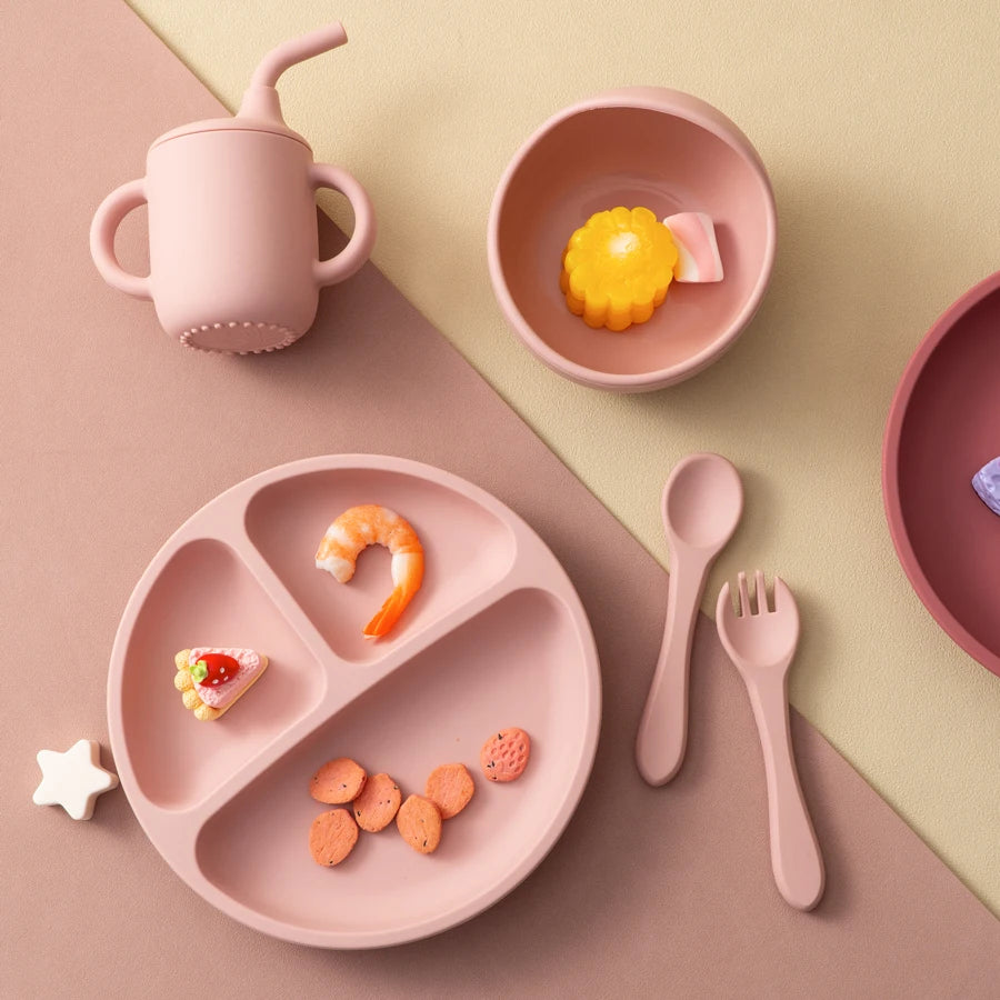 5PCS Baby Silicone Tableware Set Suction Bowl Plate Soft Utensils Sippy Cup Baby Stuff Feeding Training Sets For Baby