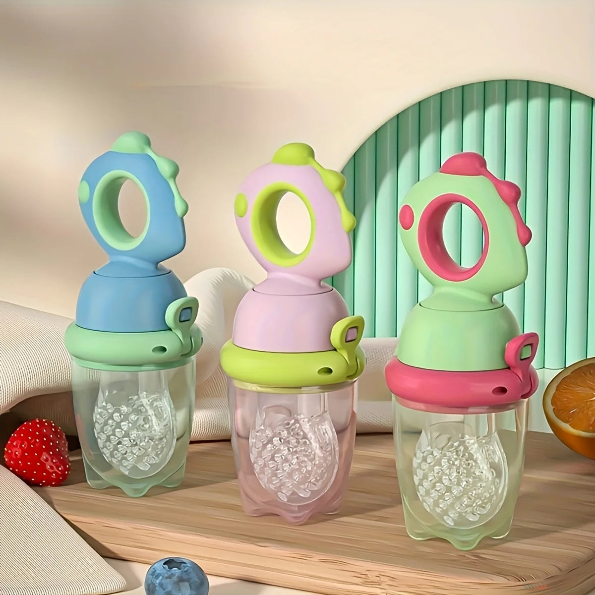 9pcs Baby Feeding Set: Includes Dinosaur Rotate Push-on Type Fruit Feeder Dispenser, Silicone Milk Bottle, Silicone Bags-S M L