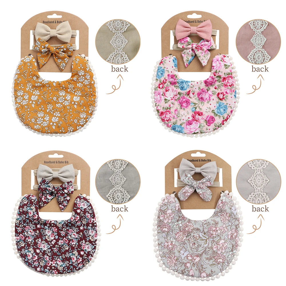 4Sets/Lot Infant Burp Clothes Hair Bow Tie Headband Cotton Baby Boy Girl Bibs Kids Floral Saliva Towel Feeding Double-deck Scarf