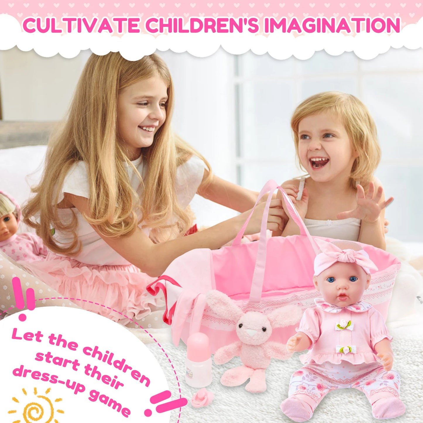 10Pcs Doll Clothes Set Portable Baby Doll Accessories with Bassinet Diaper Pacifier Feeding Bottle for Children Toddler Girl Boy