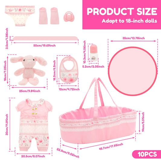 10Pcs Doll Clothes Set Portable Baby Doll Accessories with Bassinet Diaper Pacifier Feeding Bottle for Children Toddler Girl Boy