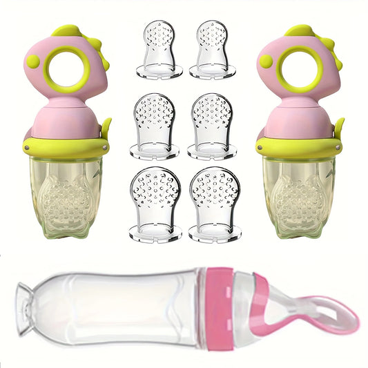 9pcs Baby Feeding Set: Includes Dinosaur Rotate Push-on Type Fruit Feeder Dispenser, Silicone Milk Bottle, Silicone Bags-S M L