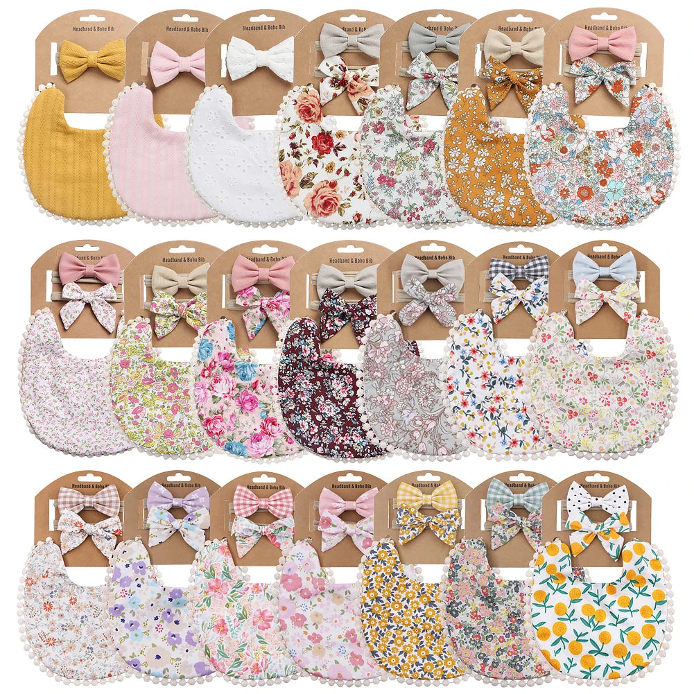 4Sets/Lot Infant Burp Clothes Hair Bow Tie Headband Cotton Baby Boy Girl Bibs Kids Floral Saliva Towel Feeding Double-deck Scarf