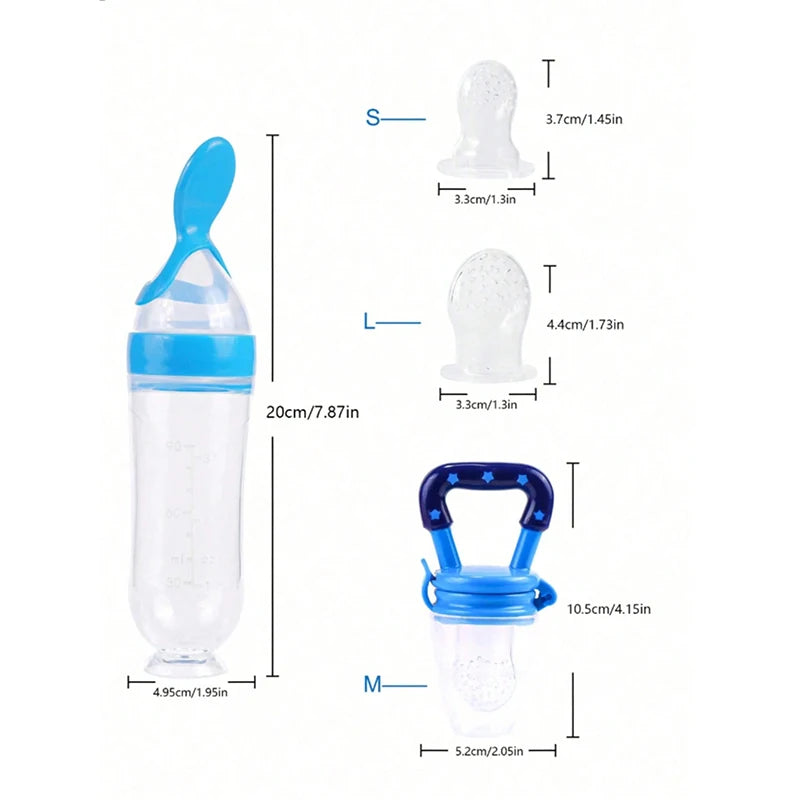 4pcs Baby Feeding Set, Baby Bottle with Suction Base Rice Cereal Bottle, Vegetable & Fruit Feeder, Two Mesh Bags (S L）
