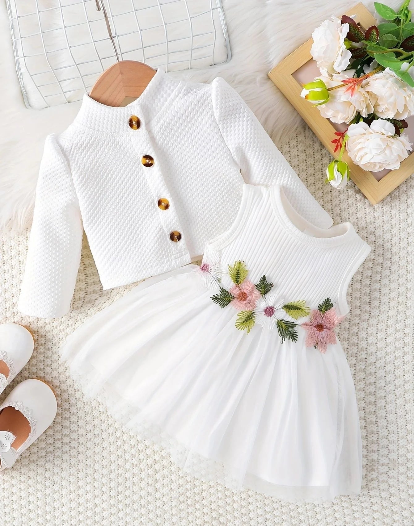 0-24 Months Baby Girl Dress Birthday Gift Pink Petal Suspender Coat Spring Autumn Set