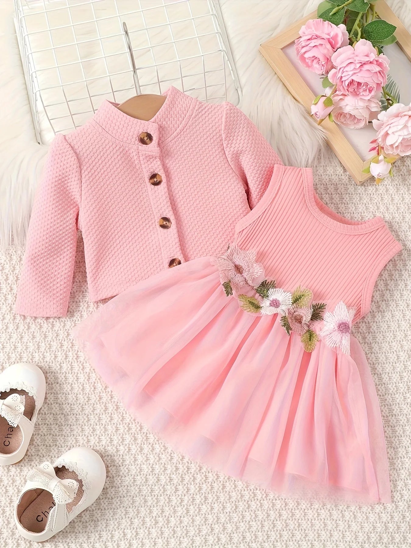 0-24 Months Baby Girl Dress Birthday Gift Pink Petal Suspender Coat Spring Autumn Set