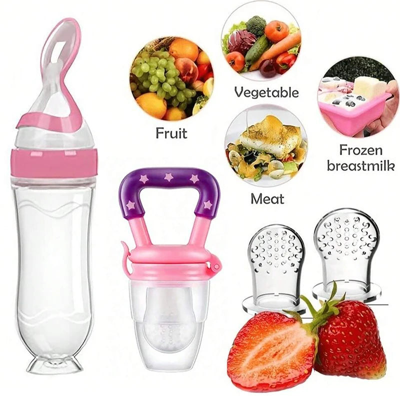 4pcs Baby Feeding Set, Baby Bottle with Suction Base Rice Cereal Bottle, Vegetable & Fruit Feeder, Two Mesh Bags (S L）