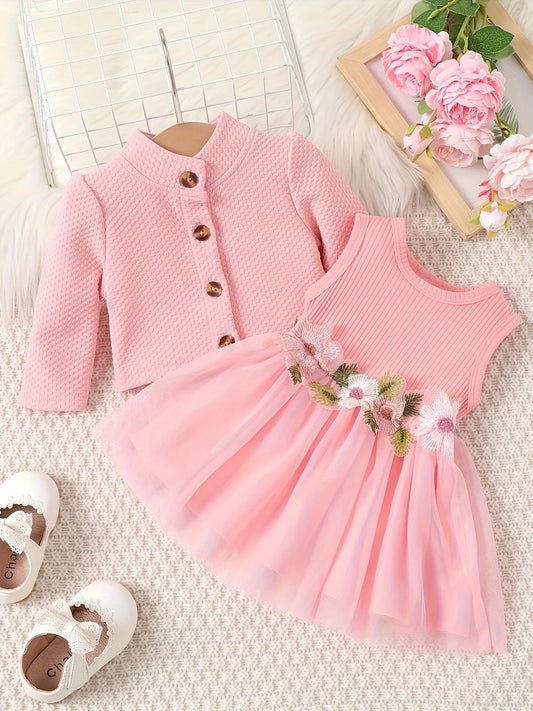 0-24 Months Baby Girl Dress Birthday Gift Pink Petal Suspender Coat Spring Autumn Set