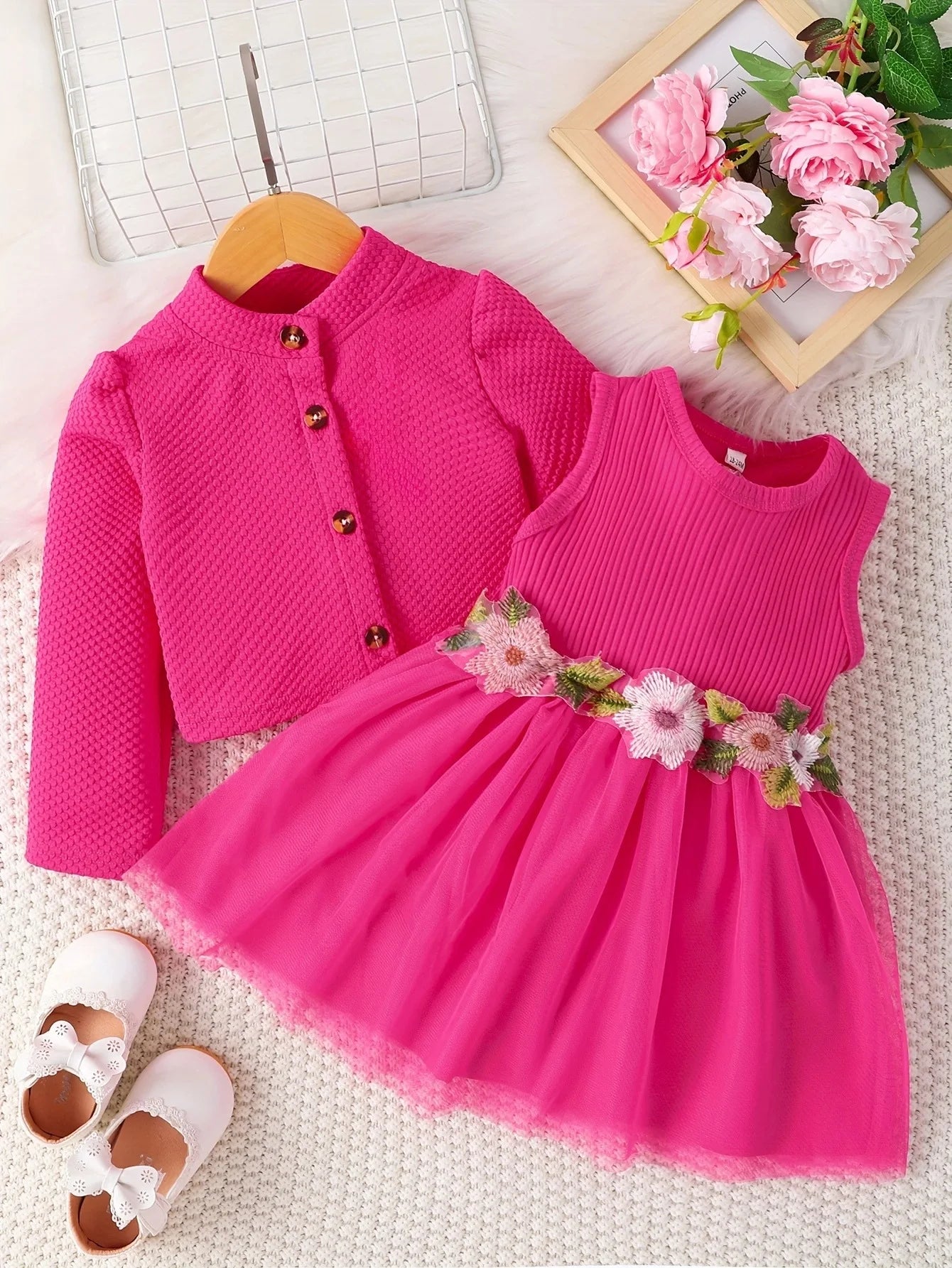 0-24 Months Baby Girl Dress Birthday Gift Pink Petal Suspender Coat Spring Autumn Set