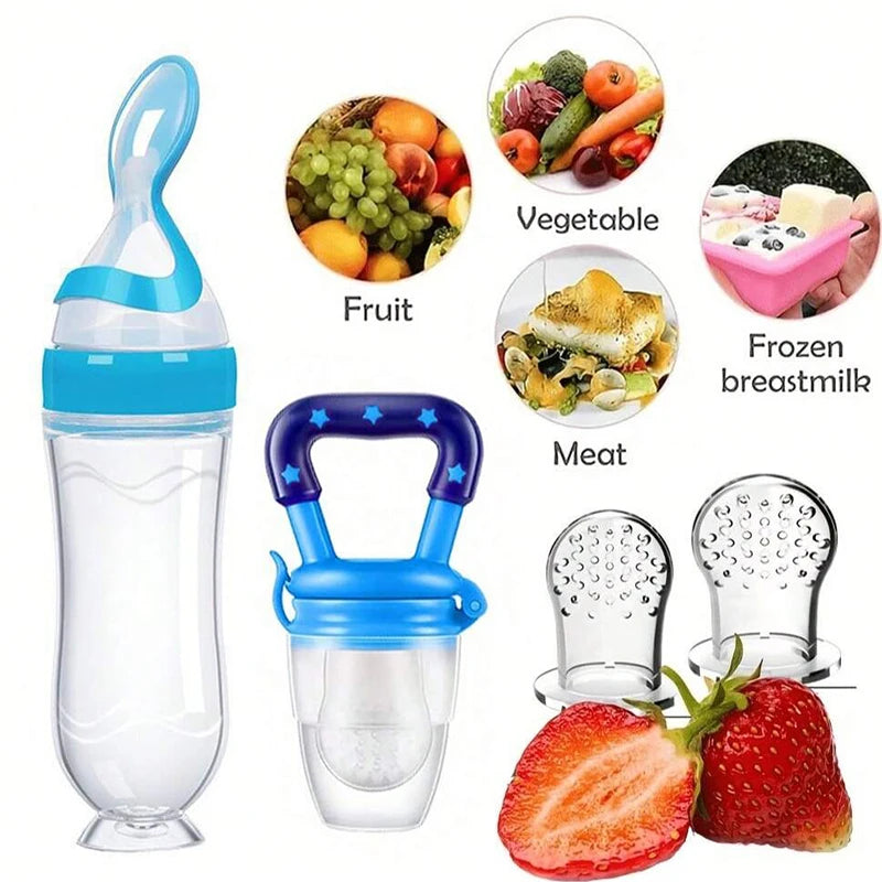 4pcs Baby Feeding Set, Baby Bottle with Suction Base Rice Cereal Bottle, Vegetable & Fruit Feeder, Two Mesh Bags (S L）