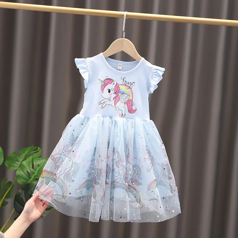 2024 New Unicorn Summer Princess Dresses Flying Sleeve Kids Dress Party Baby Dresses for Children Clothing 2-8Y Girls Clothes