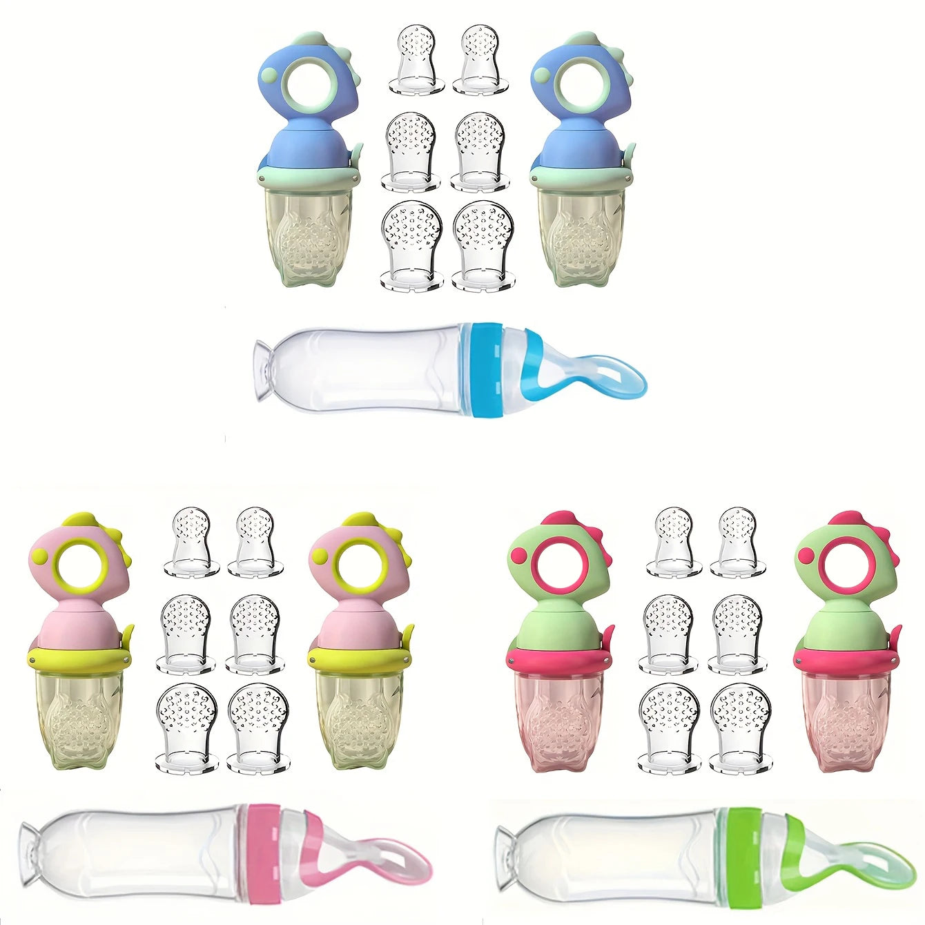 9pcs Baby Feeding Set: Includes Dinosaur Rotate Push-on Type Fruit Feeder Dispenser, Silicone Milk Bottle, Silicone Bags-S M L