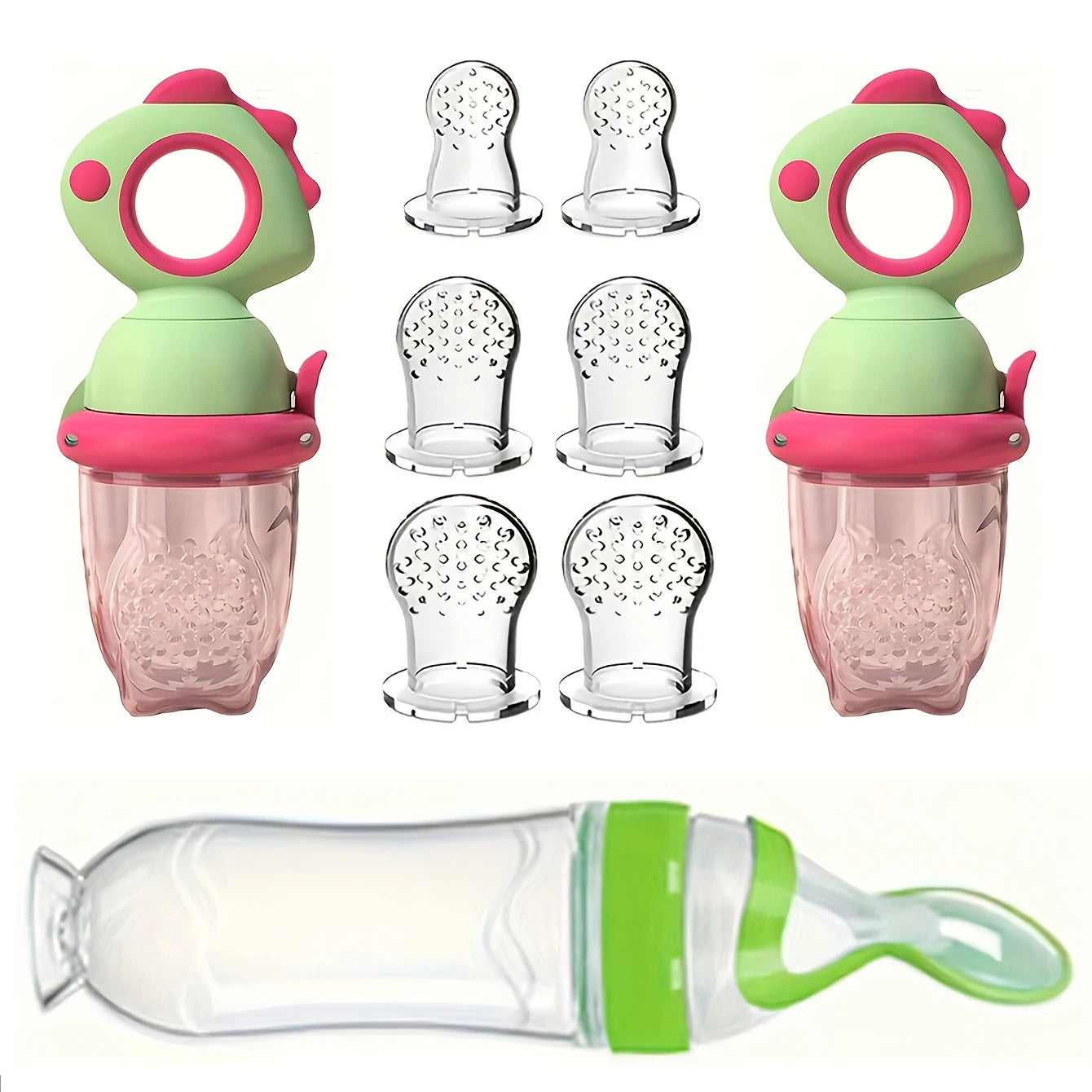 9pcs Baby Feeding Set: Includes Dinosaur Rotate Push-on Type Fruit Feeder Dispenser, Silicone Milk Bottle, Silicone Bags-S M L