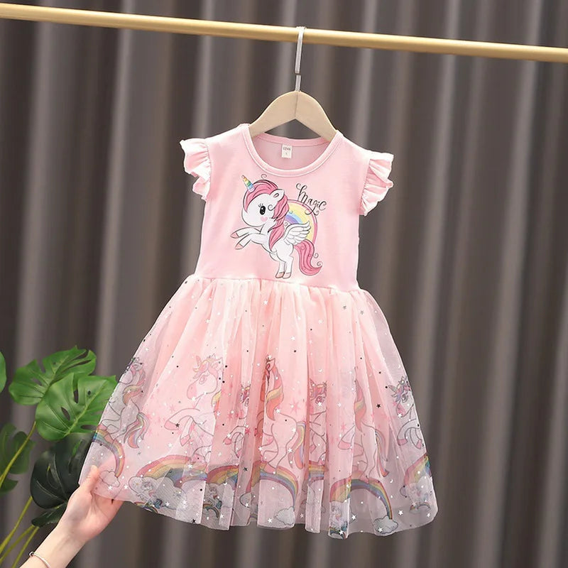 2024 New Unicorn Summer Princess Dresses Flying Sleeve Kids Dress Party Baby Dresses for Children Clothing 2-8Y Girls Clothes