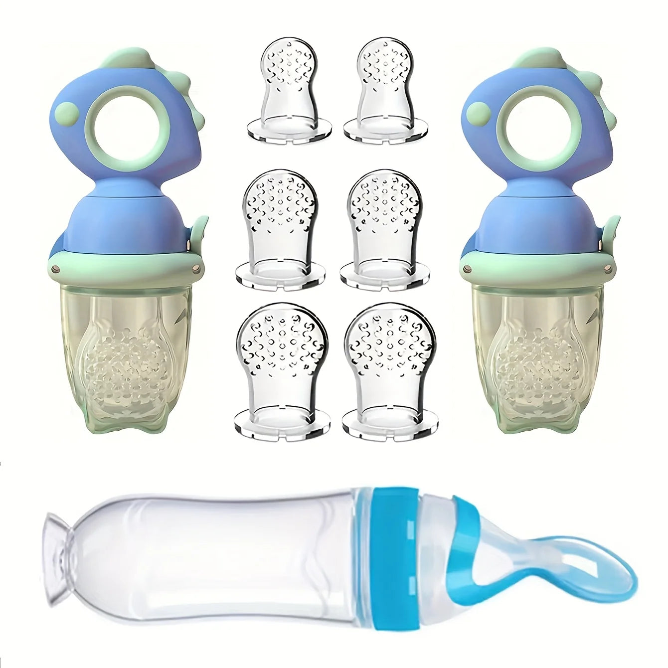 9pcs Baby Feeding Set: Includes Dinosaur Rotate Push-on Type Fruit Feeder Dispenser, Silicone Milk Bottle, Silicone Bags-S M L