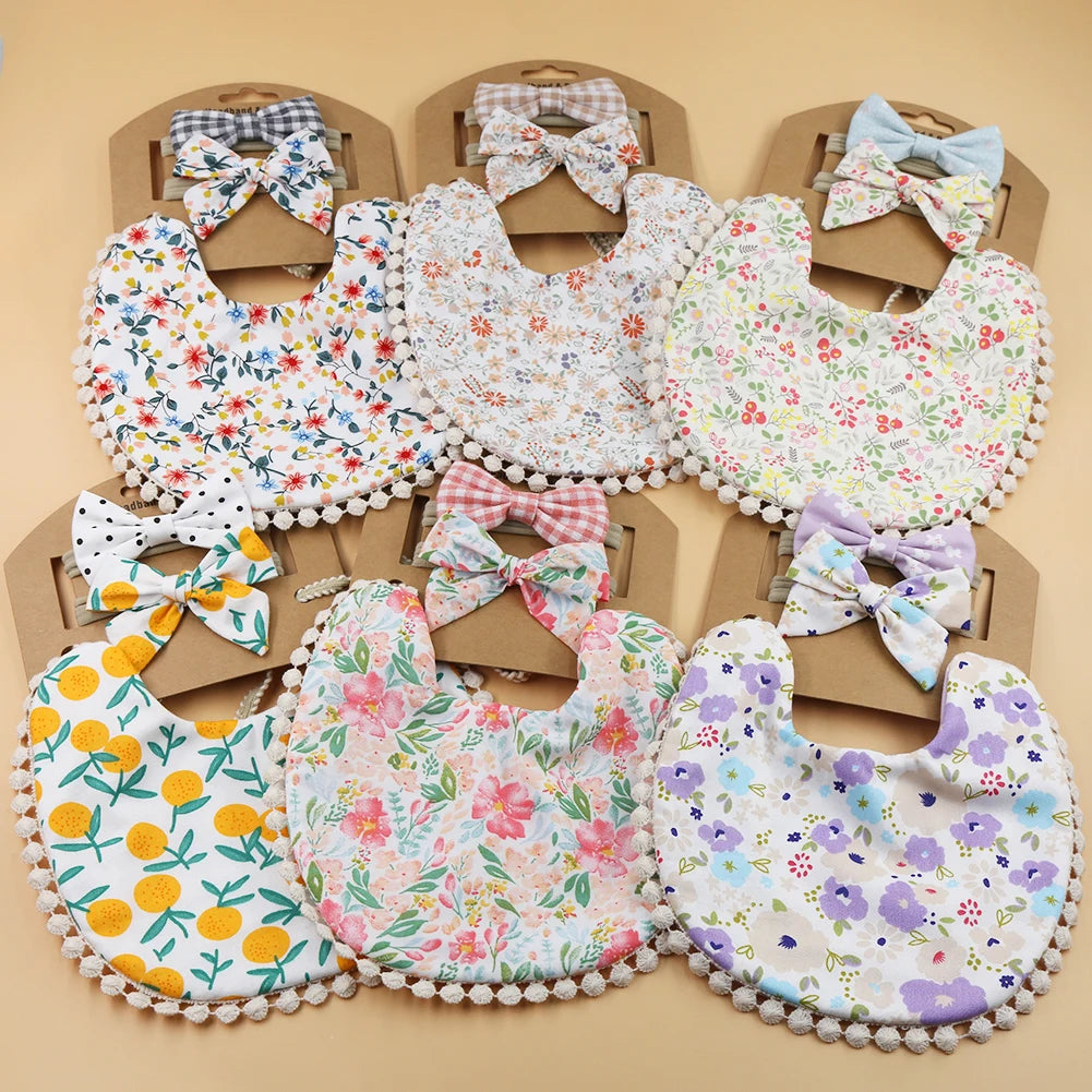 4Sets/Lot Infant Burp Clothes Hair Bow Tie Headband Cotton Baby Boy Girl Bibs Kids Floral Saliva Towel Feeding Double-deck Scarf