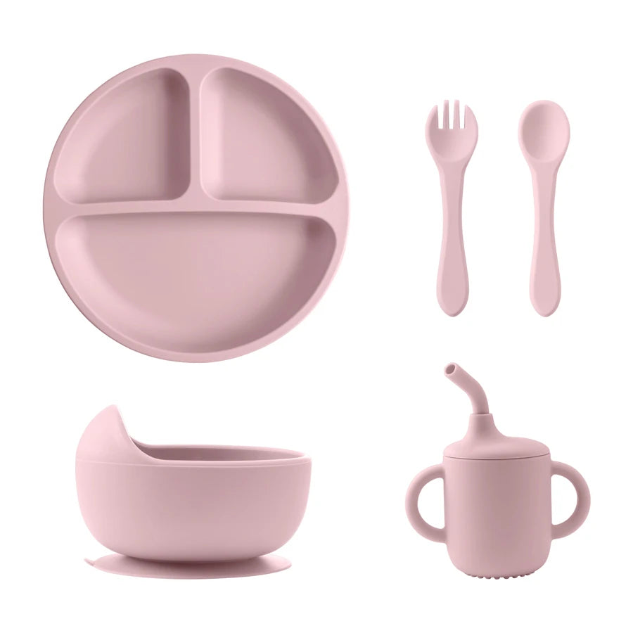 5PCS Baby Silicone Tableware Set Suction Bowl Plate Soft Utensils Sippy Cup Baby Stuff Feeding Training Sets For Baby