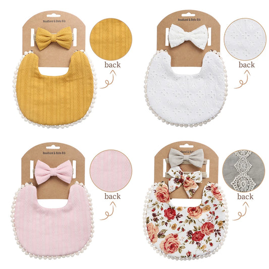 4Sets/Lot Infant Burp Clothes Hair Bow Tie Headband Cotton Baby Boy Girl Bibs Kids Floral Saliva Towel Feeding Double-deck Scarf